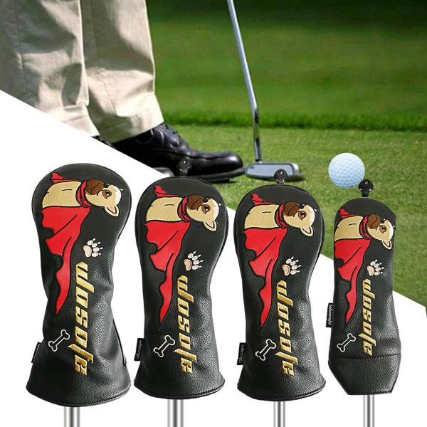 4Pcs PU Golf Club Head Covers Wood Headcover with Interchangeable Tag Guard Dog Black For Cheap